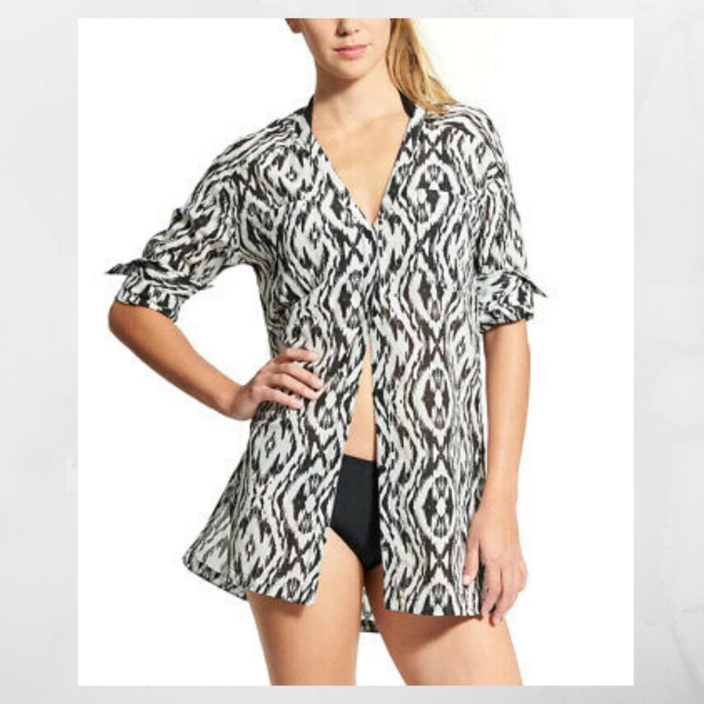 Athleta Black Ikat Printed Silk Kaftan Coverup